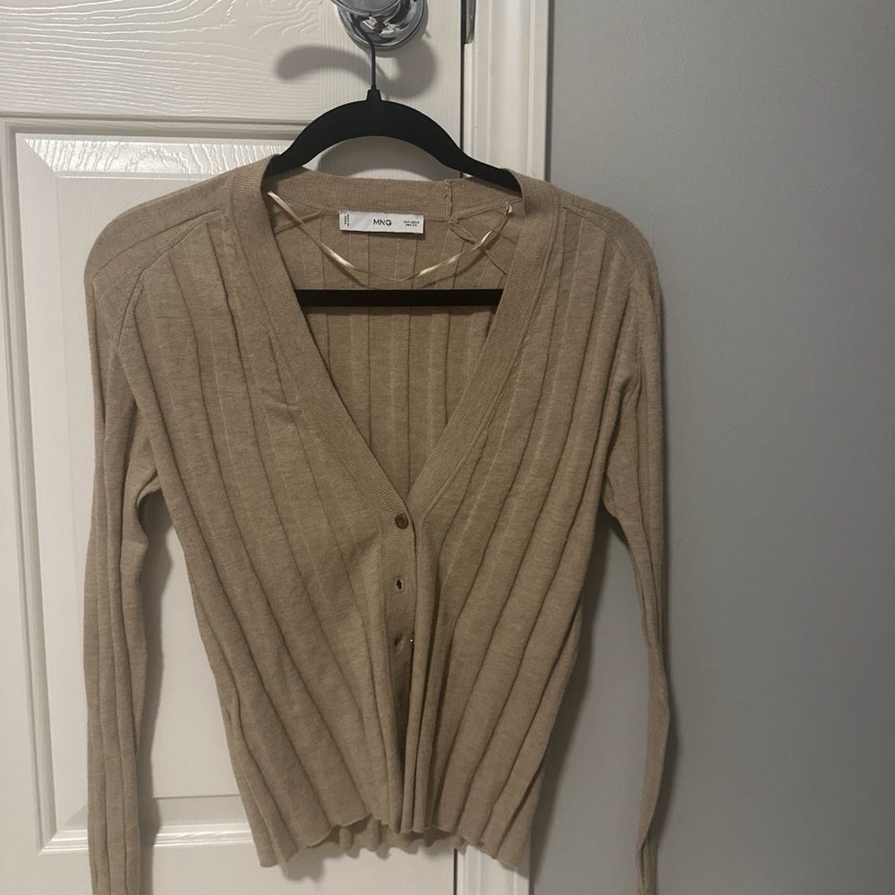 Mango Tan Cardigan Sweater V-Neck Fine Knit